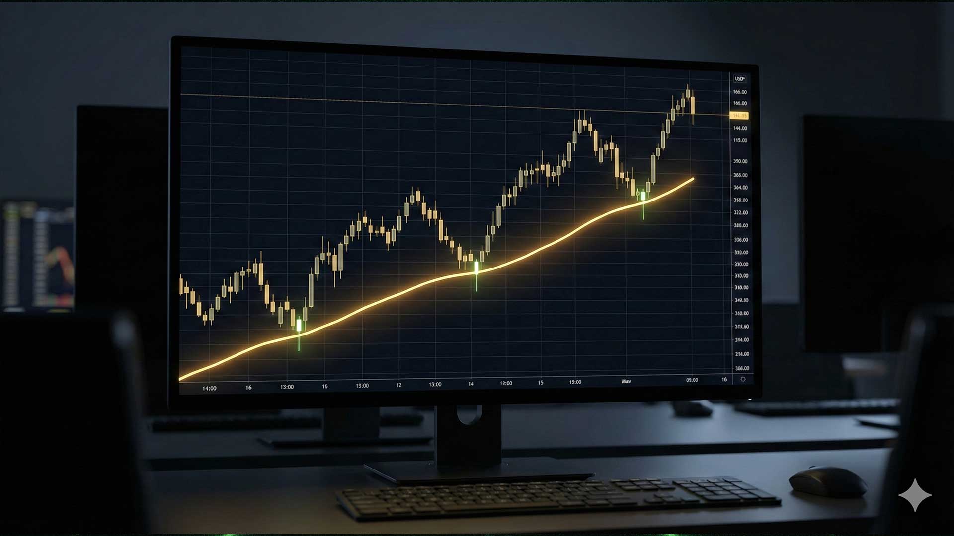 Supporto e resistenza dinamici con media mobile a 200 periodi che funge da supporto in un trend rialzista