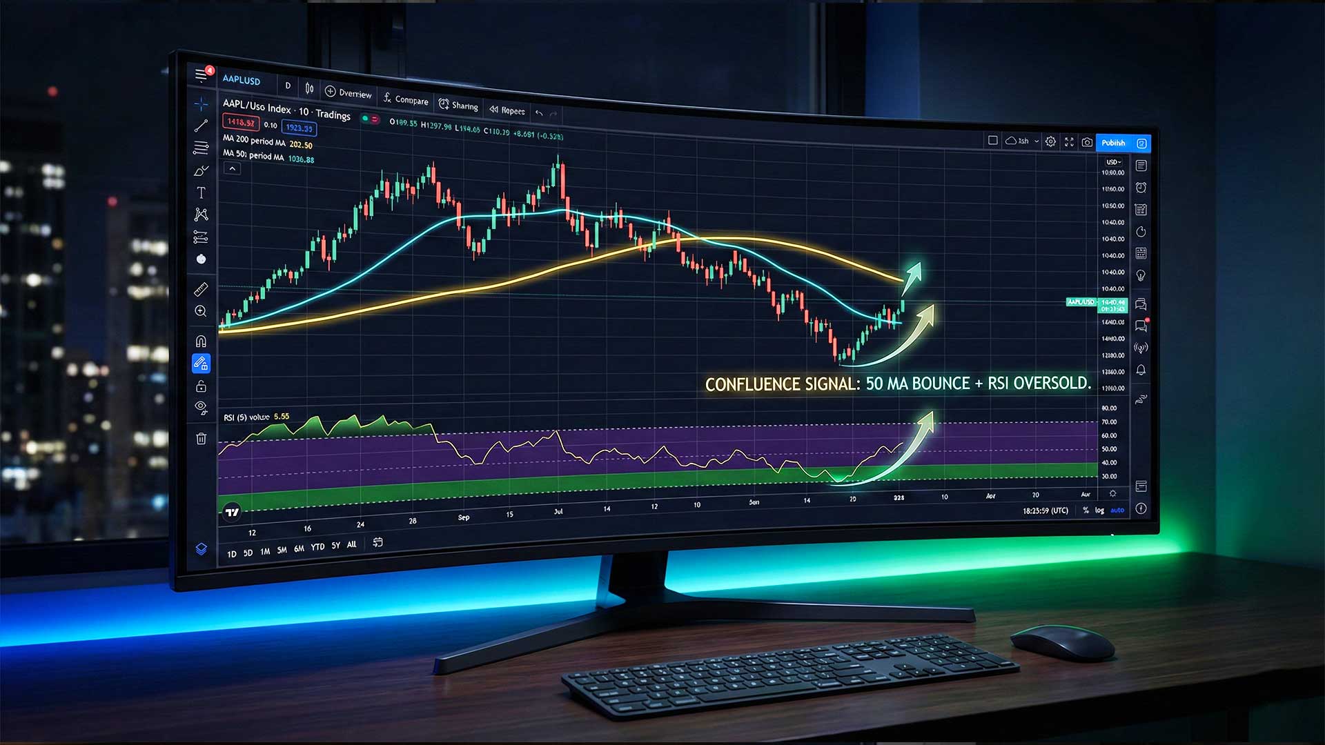 Setup completo di medie mobili nel trading combinato con RSI per segnali di confluenza