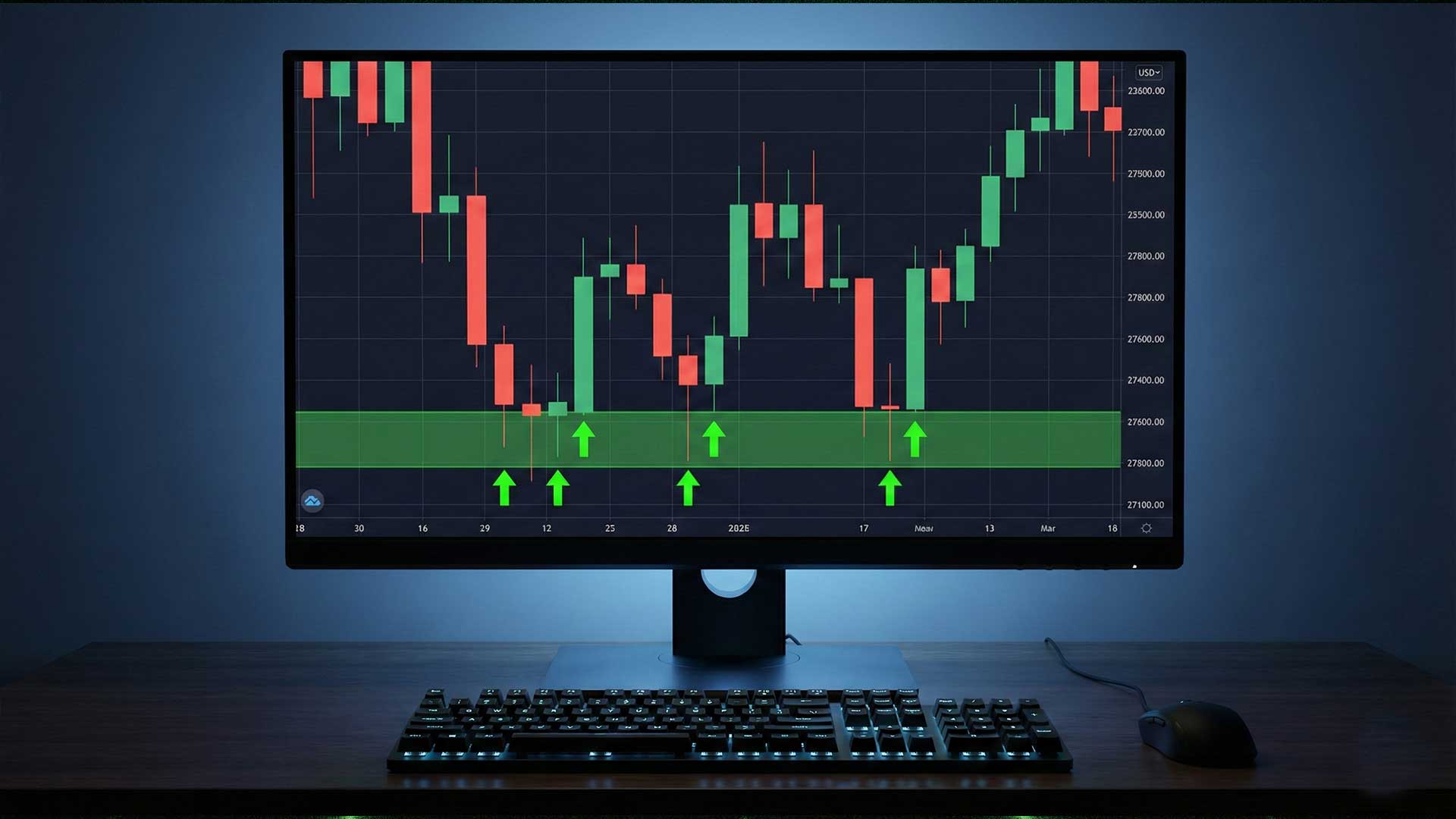 Zona di supporto sul grafico con multiple candele che rimbalzano dallo stesso livello di prezzo