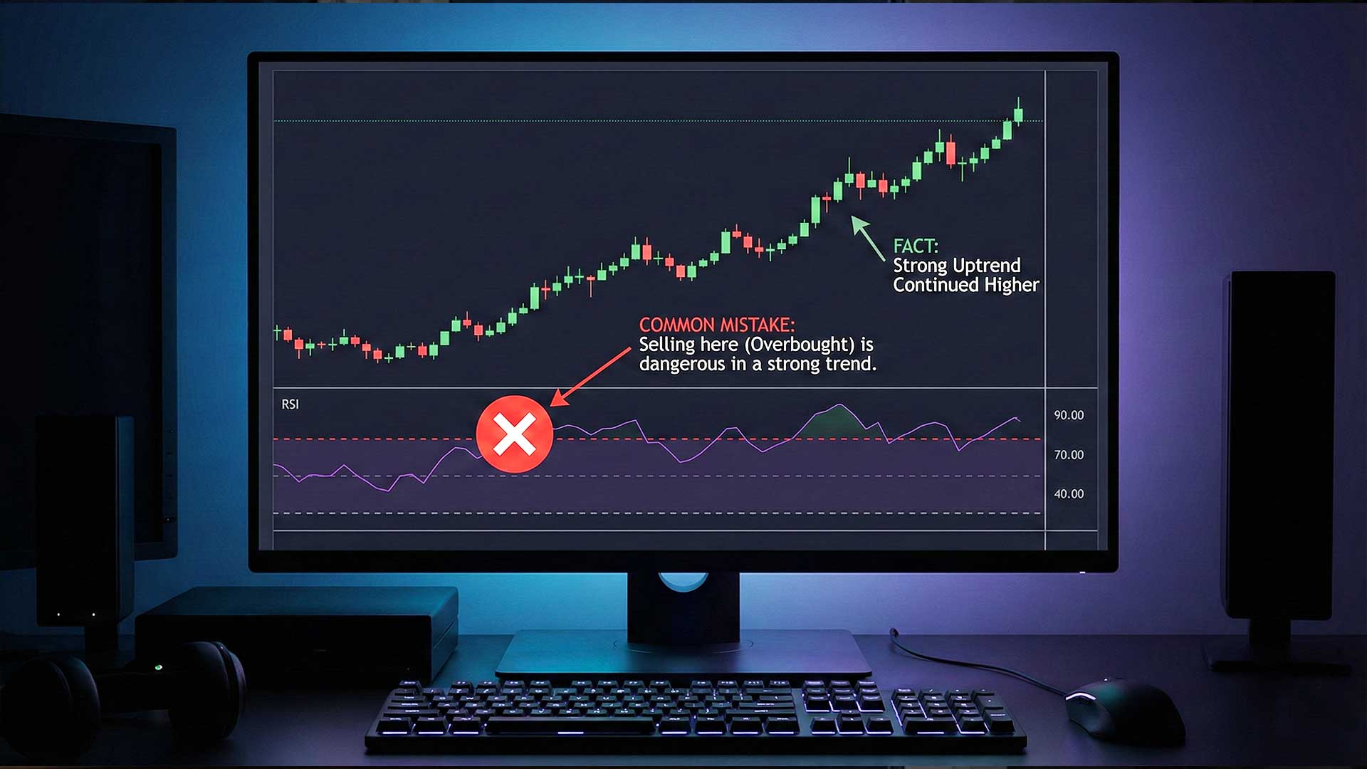 Errore comune RSI trading: vendere in zona ipercomprato sopra 70 durante un trend rialzista forte è sbagliato