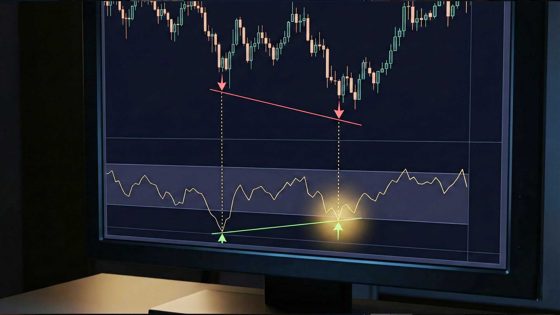 Divergenza rialzista RSI trading: il prezzo fa minimi decrescenti mentre l'RSI fa minimi crescenti, segnale di inversione