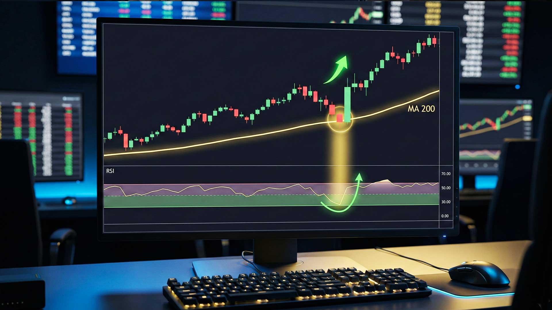 Strategia operativa RSI trading: confluenza perfetta tra media mobile 200, pattern engulfing e RSI ipervenduto per ingresso long